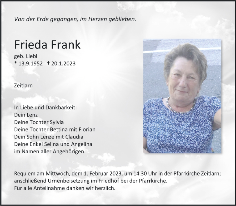 Traueranzeige für Frieda Frank vom 28.01.2023 aus Mittelbayerische Zeitung Regensburg
