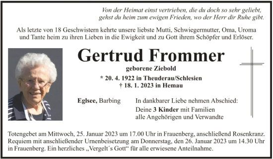 Traueranzeige von Gertrud Frommer von Mittelbayerische Zeitung Regensburg