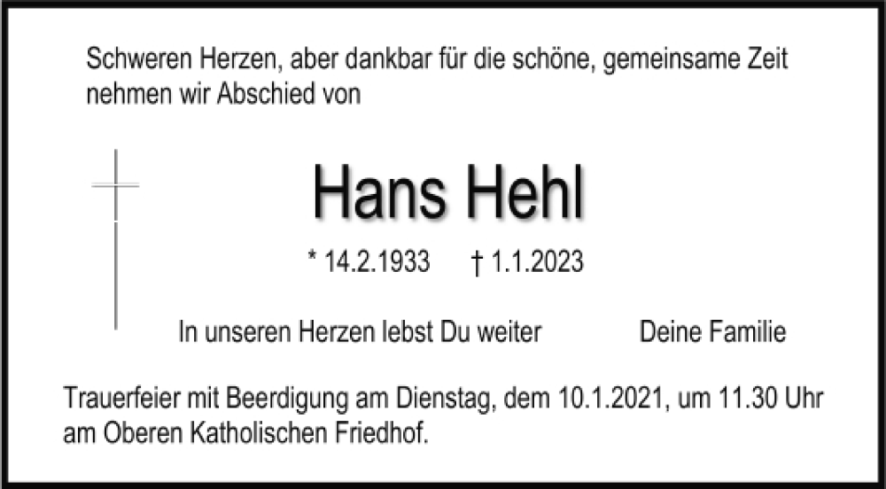  Traueranzeige für Hans Hehl vom 06.01.2023 aus Mittelbayerische Zeitung Regensburg