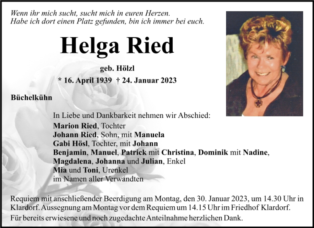  Traueranzeige für Helga Ried vom 26.01.2023 aus Mittelbayerische Zeitung Schwandorf