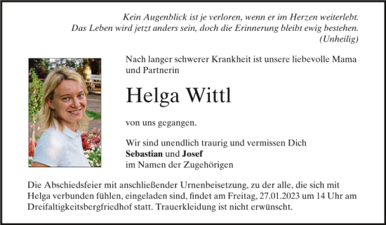 Traueranzeige von Helga Wittl von Mittelbayerische Zeitung Regensburg