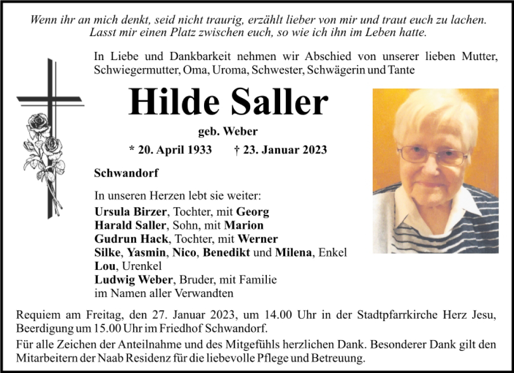  Traueranzeige für Hilde Saller vom 25.01.2023 aus Mittelbayerische Zeitung Schwandorf