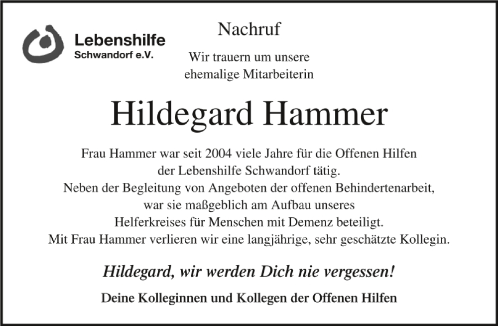  Traueranzeige für Hildegard Hammer vom 28.01.2023 aus Mittelbayerische Zeitung Schwandorf