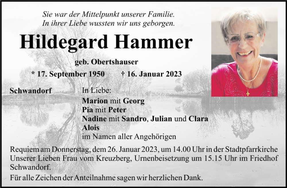  Traueranzeige für Hildegard Hammer vom 21.01.2023 aus Mittelbayerische Zeitung Schwandorf