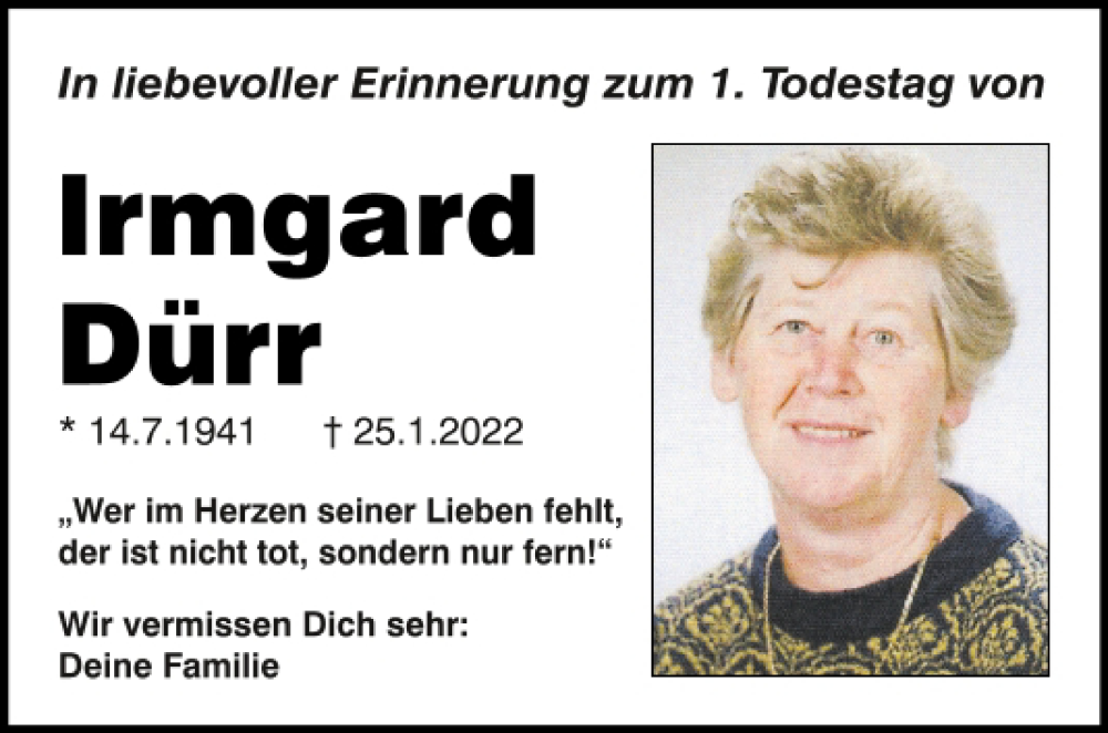 Traueranzeige für Irmgard Dürr vom 25.01.2023 aus Mittelbayerische Zeitung Schwandorf