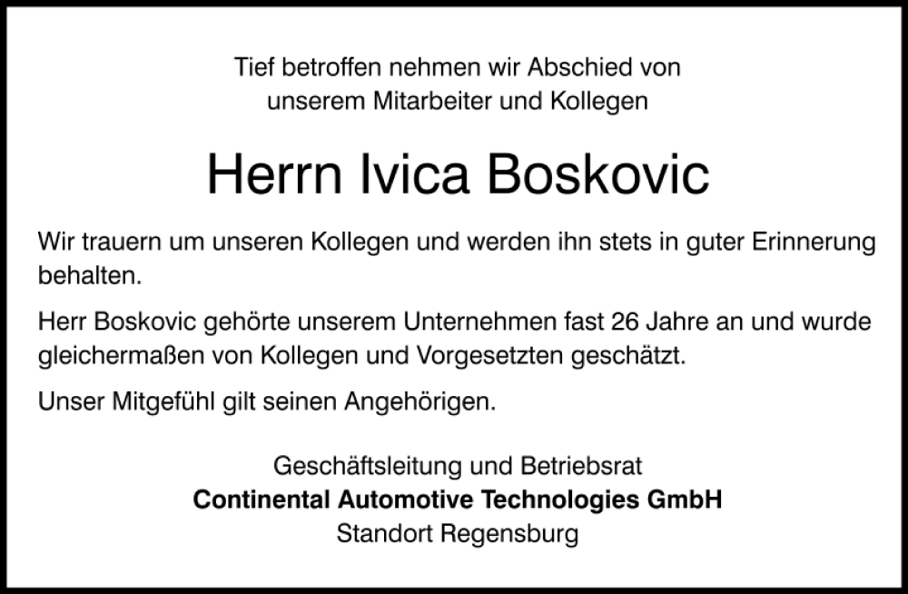  Traueranzeige für Ivica Boskovic vom 24.01.2023 aus Mittelbayerische Zeitung Regensburg