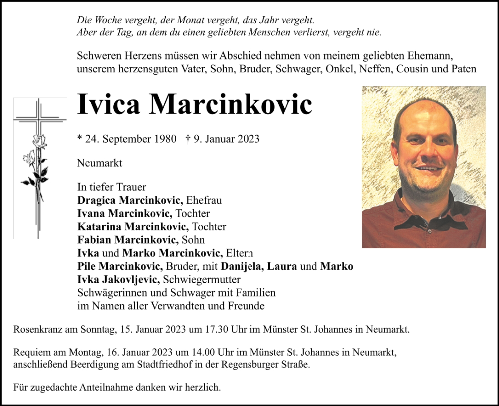  Traueranzeige für Ivica Marcinkovic vom 14.01.2023 aus Neumarkter Tagblatt