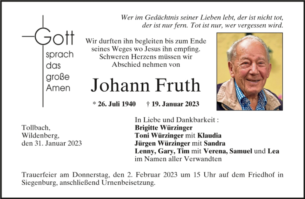  Traueranzeige für Johann Fruth vom 31.01.2023 aus Mittelbayerische Zeitung Kelheim