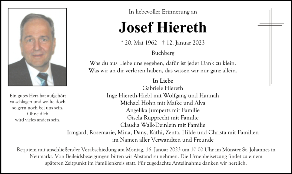  Traueranzeige für Josef Hiereth vom 14.01.2023 aus Neumarkter Tagblatt
