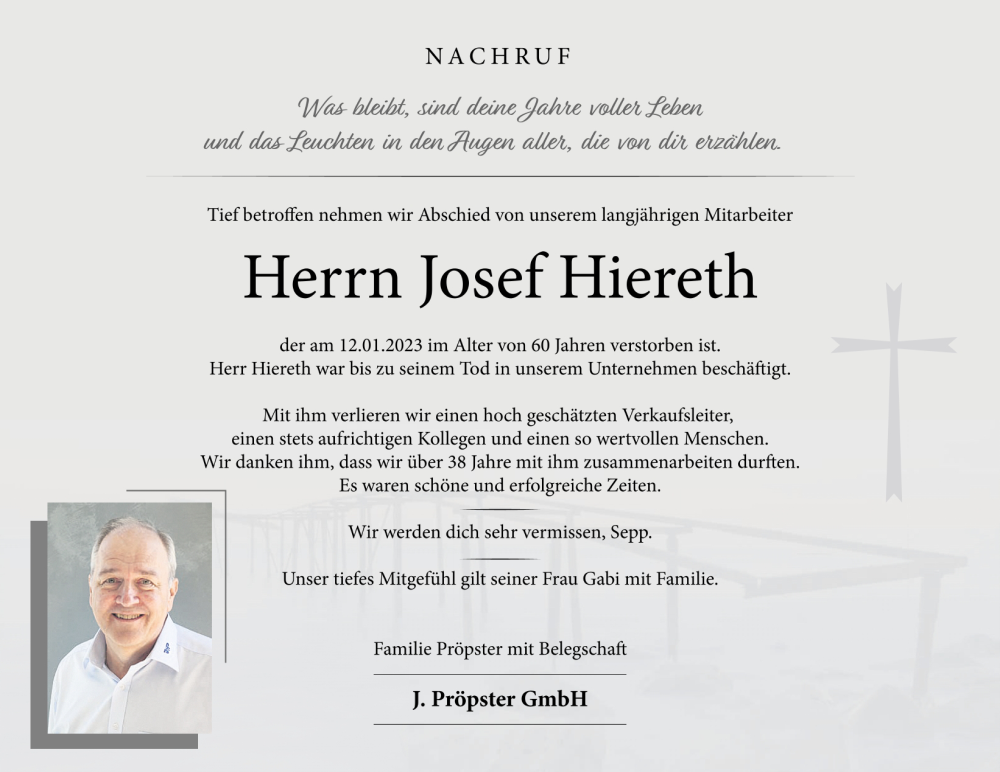  Traueranzeige für Josef Hiereth vom 21.01.2023 aus Neumarkter Tagblatt