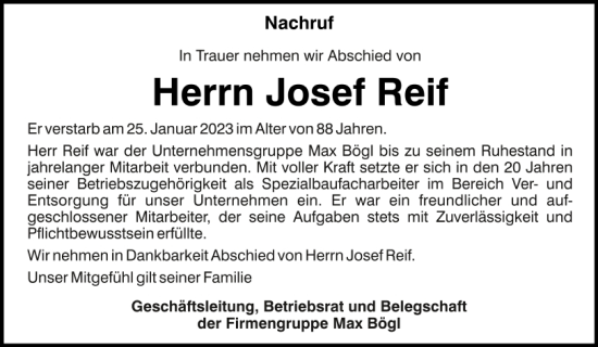 Traueranzeige von Josef Reif von Neumarkter Tagblatt