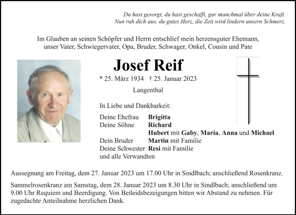  Traueranzeige für Josef Reif vom 26.01.2023 aus Neumarkter Tagblatt
