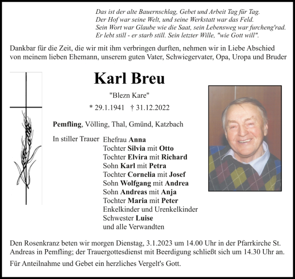  Traueranzeige für Karl Breu vom 02.01.2023 aus Bayerwald Echo