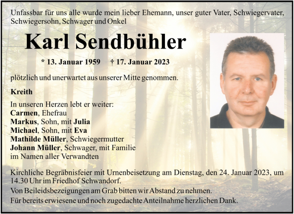  Traueranzeige für Karl Sendbühler vom 20.01.2023 aus Mittelbayerische Zeitung Schwandorf