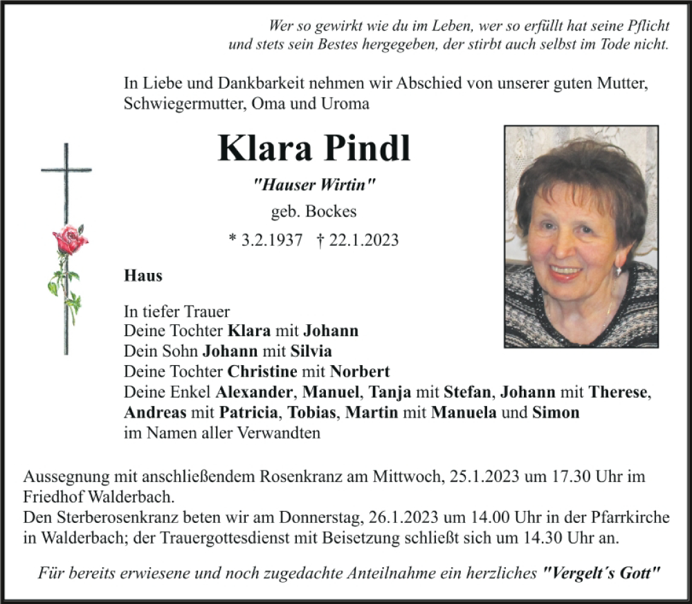  Traueranzeige für Klara Pindl vom 24.01.2023 aus Bayerwald Echo