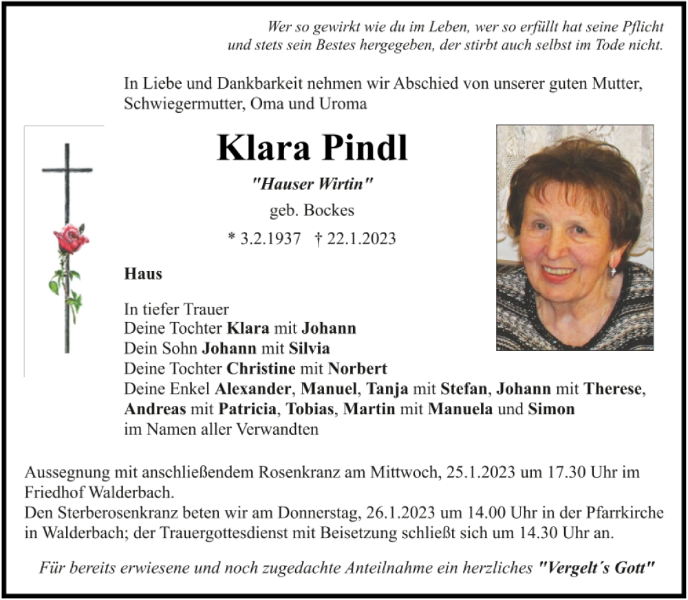  Traueranzeige für Klara Pindl vom 25.01.2023 aus Mittelbayerische Zeitung Regensburg