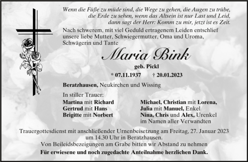  Traueranzeige für Maria Bink vom 25.01.2023 aus Mittelbayerische Zeitung Regensburg