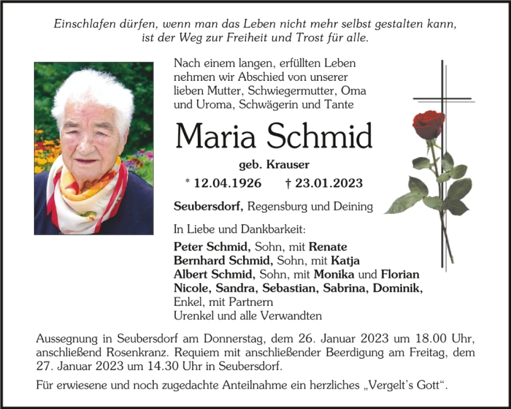  Traueranzeige für Maria Schmid vom 25.01.2023 aus Neumarkter Tagblatt