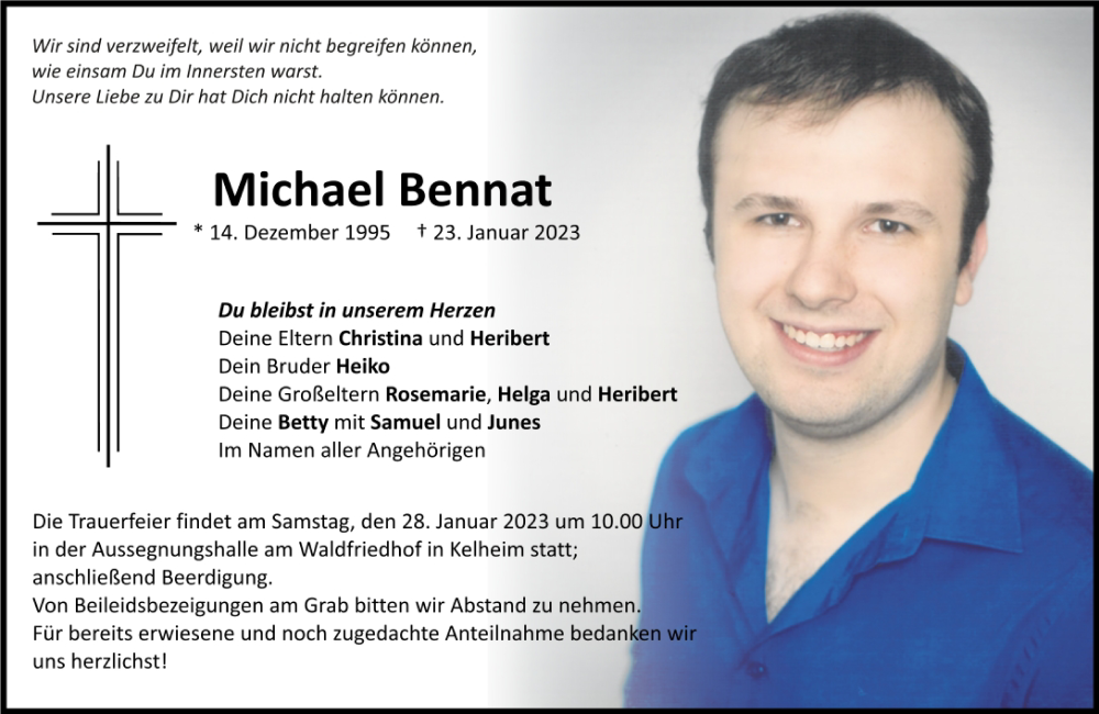 Traueranzeige für Michael Bennat vom 25.01.2023 aus Mittelbayerische Zeitung Kelheim