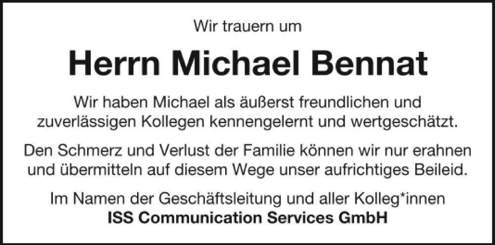  Traueranzeige für Michael Bennat vom 28.01.2023 aus Mittelbayerische Zeitung Kelheim