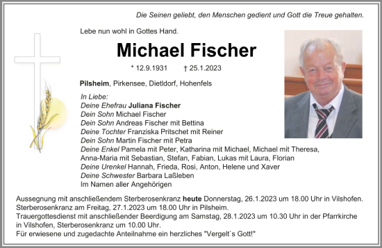 Traueranzeige von Michael Fischer von Mittelbayerische Zeitung Schwandorf