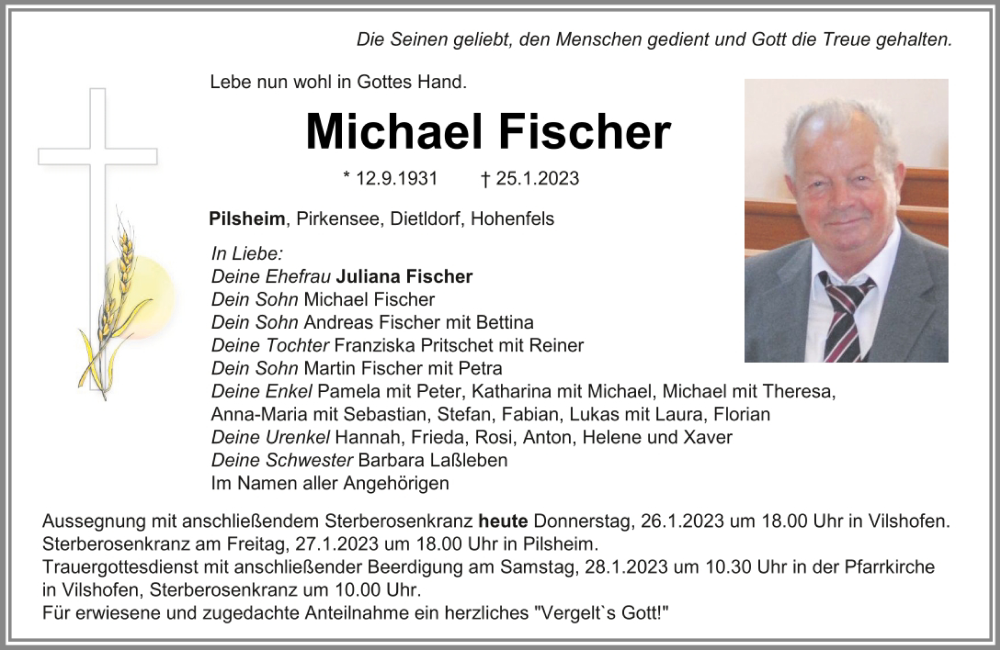  Traueranzeige für Michael Fischer vom 26.01.2023 aus Mittelbayerische Zeitung Schwandorf