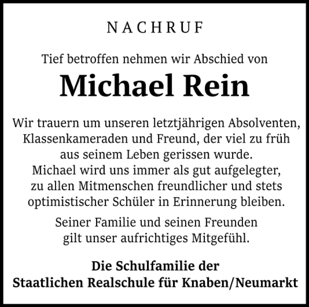  Traueranzeige für Michael Rein vom 04.01.2023 aus Neumarkter Tagblatt