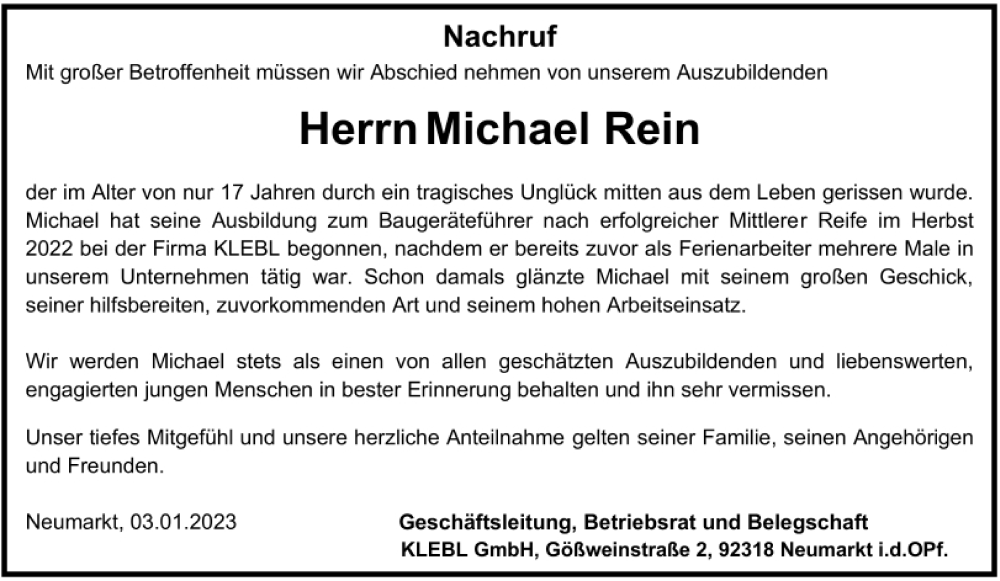  Traueranzeige für Michael Rein vom 03.01.2023 aus Neumarkter Tagblatt