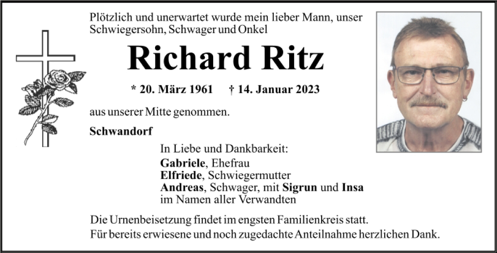  Traueranzeige für Richard Ritz vom 19.01.2023 aus Mittelbayerische Zeitung Schwandorf