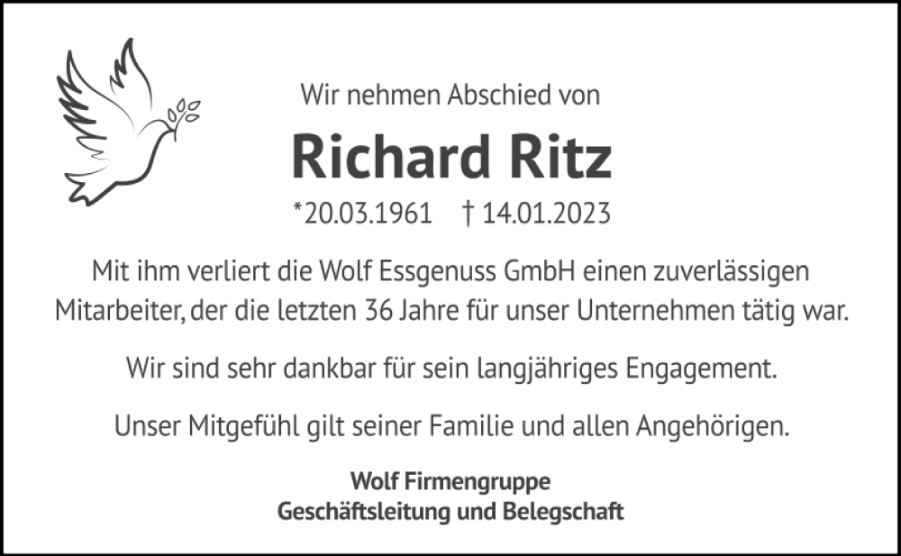 Traueranzeige für Richard Ritz vom 24.01.2023 aus Mittelbayerische Zeitung Schwandorf