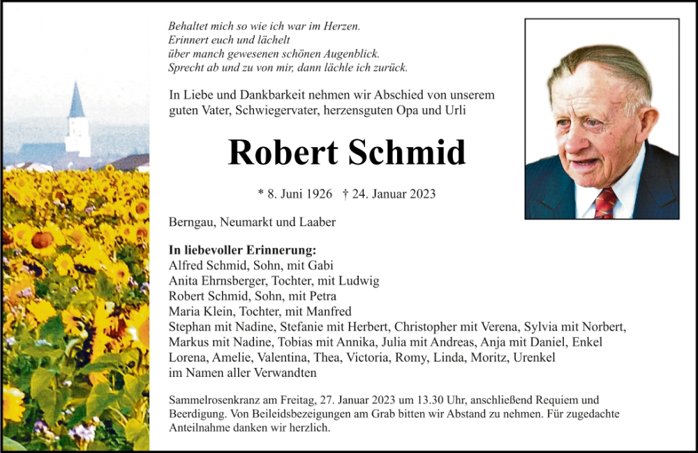  Traueranzeige für Robert Schmid vom 25.01.2023 aus Neumarkter Tagblatt