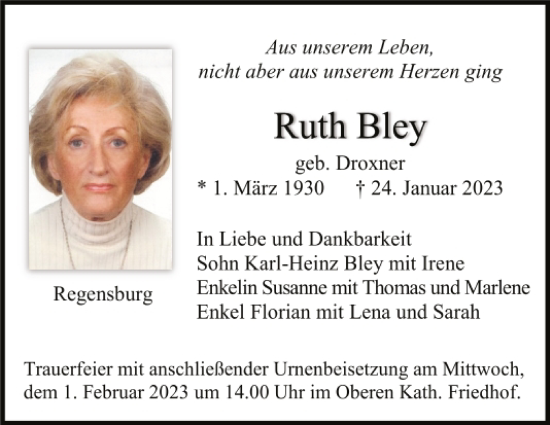 Traueranzeige von Ruth Bley von Mittelbayerische Zeitung Regensburg