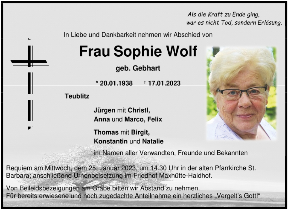  Traueranzeige für Sophie Wolf vom 21.01.2023 aus Mittelbayerische Zeitung Schwandorf