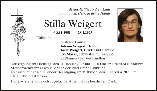 Traueranzeige von Stilla Weigert von Mittelbayerische Zeitung Regensburg