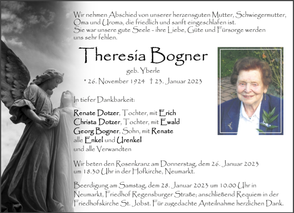  Traueranzeige für Theresia Bogner vom 25.01.2023 aus Neumarkter Tagblatt