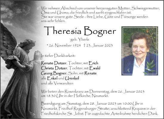 Traueranzeige von Theresia Bogner von Neumarkter Tagblatt
