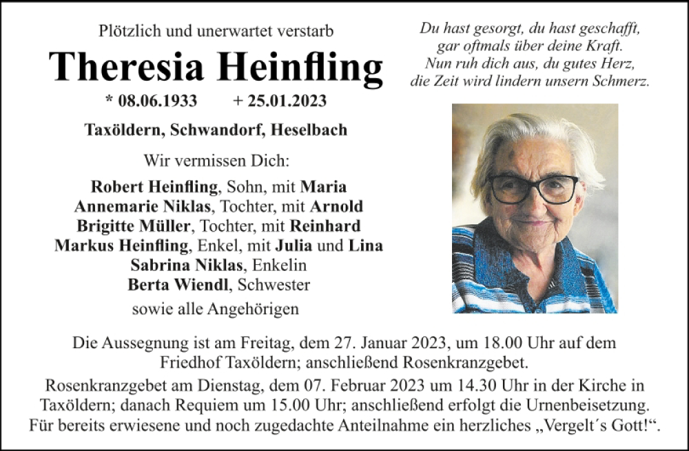  Traueranzeige für Theresia Heinfling vom 27.01.2023 aus Mittelbayerische Zeitung Schwandorf