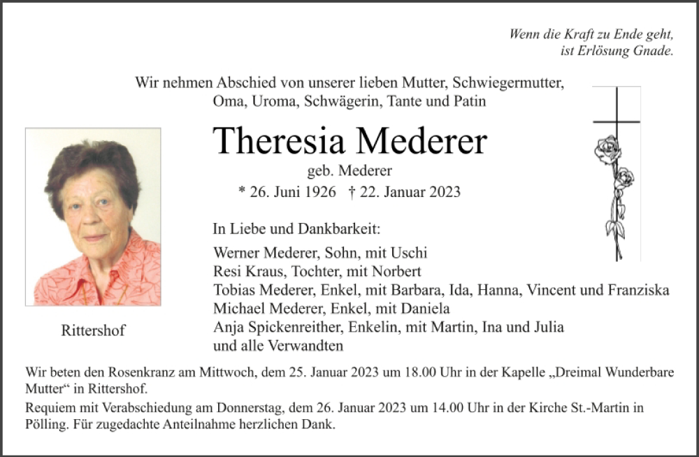  Traueranzeige für Theresia Mederer vom 24.01.2023 aus Neumarkter Tagblatt
