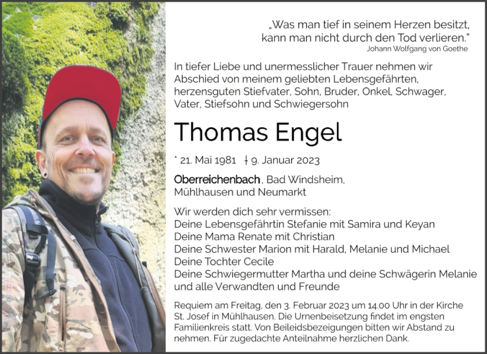  Traueranzeige für Thomas Engel vom 28.01.2023 aus Neumarkter Tagblatt