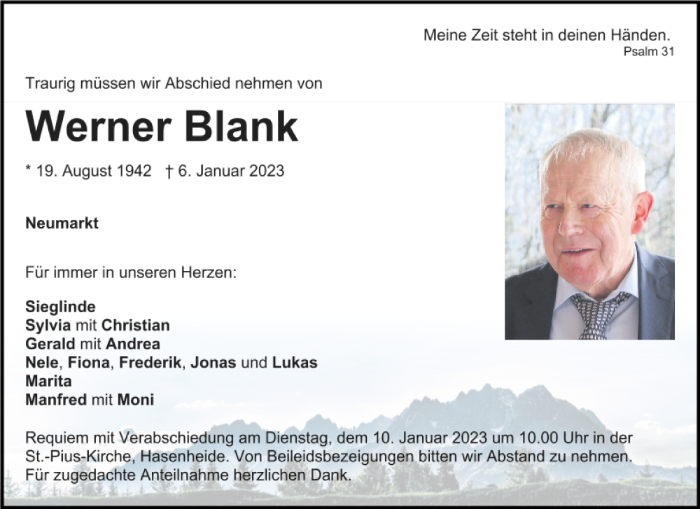  Traueranzeige für Werner Blank vom 09.01.2023 aus Neumarkter Tagblatt