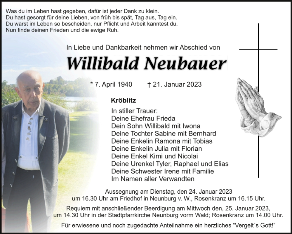  Traueranzeige für Willibald Neubauer vom 23.01.2023 aus Mittelbayerische Zeitung Schwandorf