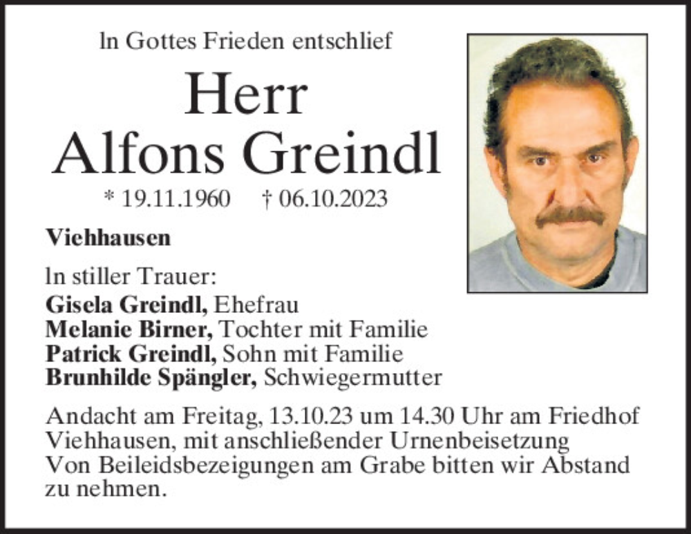  Traueranzeige für Alfons Greindl vom 10.10.2023 aus Mittelbayerische Zeitung Regensburg