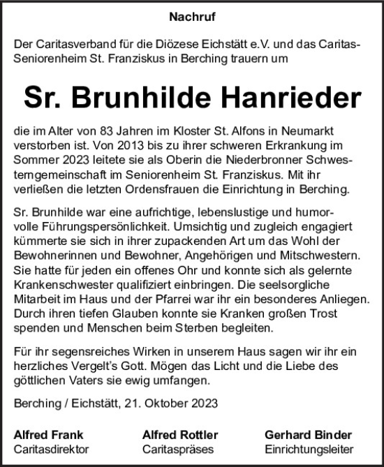 Traueranzeige von Brunhilde Hanrieder von Neumarkter Tagblatt