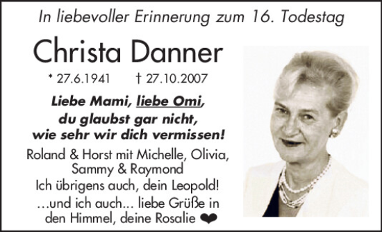 Traueranzeige von Christa Danner von Mittelbayerische Zeitung Regensburg