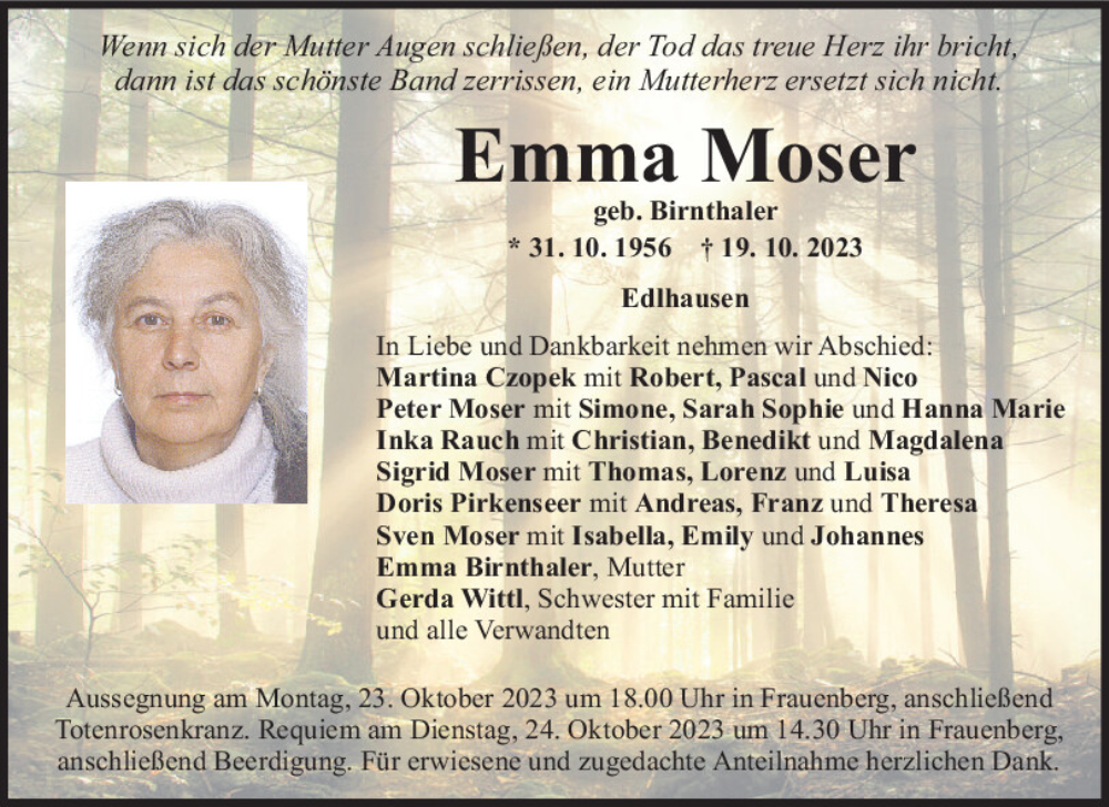  Traueranzeige für Emma Moser vom 21.10.2023 aus Neumarkter Tagblatt