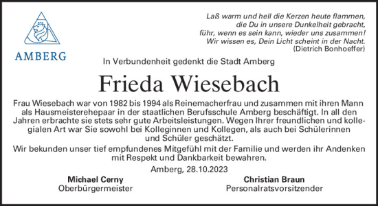 Traueranzeige von Frieda Wiesebach von Mittelbayerische Zeitung Schwandorf