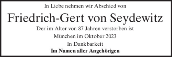 Traueranzeige von Friedrich-Gert von Seydewitz von Mittelbayerische Zeitung Regensburg
