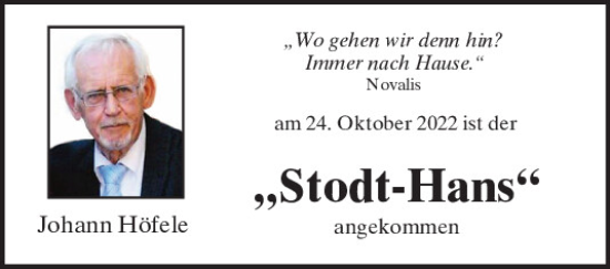 Traueranzeige von Johann Höfele von Mittelbayerische Zeitung Regensburg