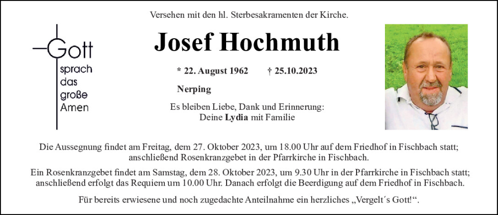  Traueranzeige für Josef Hochmuth vom 27.10.2023 aus Mittelbayerische Zeitung Schwandorf