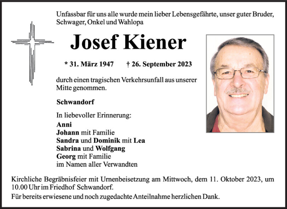  Traueranzeige für Josef Kiener vom 07.10.2023 aus Mittelbayerische Zeitung Schwandorf
